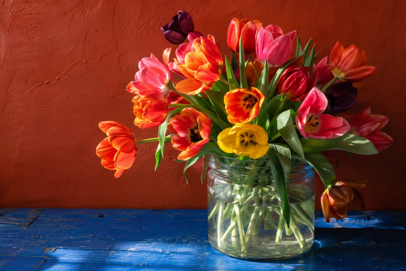Pink, orange, yellow and deep purple tulips leaning out of a glass jar of water. Sunlight catches the petals and stems against a terracotta wall and a blue wooden table.